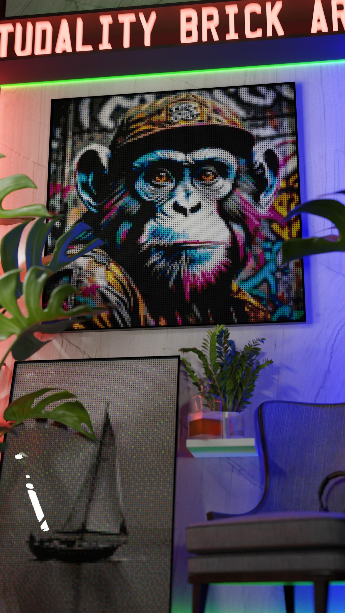 Ape Hop Movement LEGO® Style mosaic wall art made from colorful plastic bricks